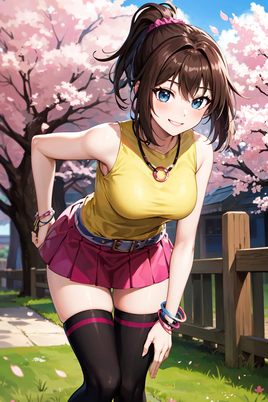 masterpiece, best quality, highres, bbmazaki, ponytail, hair scrunchie, necklace, yellow shirt, sleeveless, bracelet, belt, miniskirt, pink skirt, black thighhighs, <lora:mazaki_anzu_v1:0.7>, outdoors, cowboy shot, standing, cherry blossoms, smile, leaning forward,