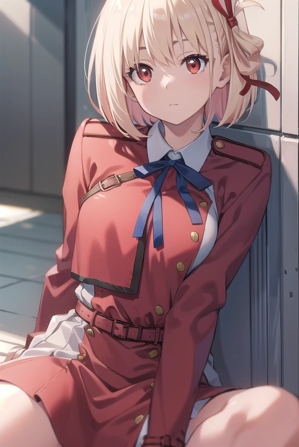 chisatonishikigi, <lora:chisatonishikigitest:1>, nishikigi chisato, short hair, bangs, blonde hair, (red eyes:1.5), hair ribbon, one side up, bob cut,
BREAK shirt, long sleeves, dress, ribbon, white shirt, collared shirt, belt, neck ribbon, red dress, blue ribbon, pleated dress, grey dress, two-tone dress, red belt, lycoris uniform,,
BREAK outdoors, city,
BREAK looking at viewer, BREAK <lora:GoodHands-vanilla:1>, (masterpiece:1.2), best quality, high resolution, unity 8k wallpaper, (illustration:0.8), (beautiful detailed eyes:1.6), extremely detailed face, perfect lighting, extremely detailed CG, (perfect hands, perfect anatomy),