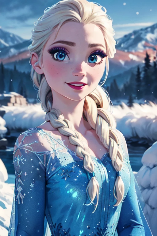 (masterpiece:1.2), (best quality), (ultra detailed), (8k, 4k, intricate),(full-body-shot:1), (highly detailed:1.2),(detailed face:1.2), (detailed background),detailed landscape, (dynamic pose:1.2), <lora:elsa:0.7>elsa, 1girl, solo, long hair, smile, blue eyes, blonde hair, dress, braid, single braid, makeup, hair over shoulder, eyeshadow, snowflakes,