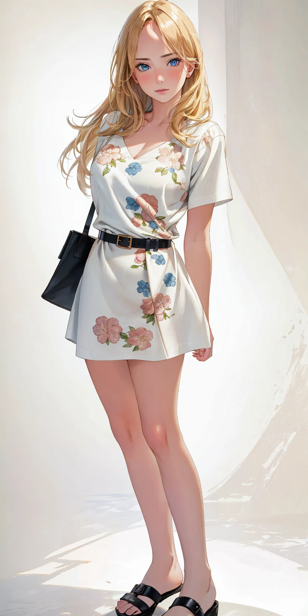 ((Masterpiece, best quality,photography, detailed skin, realistic, photo-realistic, 8k, highly detailed, full length frame, High detail RAW color art, diffused soft lighting, shallow depth of field, sharp focus, hyperrealism, cinematic lighting,close up))
beautiful edgSwedish_woman,perfect edgSwedish_face, perfect edgSwedish_body,
<lora:edgSwedishDoll:1>
edgSDress, 1girl, solo, looking at viewer, medium hair, blue eyes, blonde hair, white dress, holding, standing, full body, short sleeves, floral print, sandals, leather belt, fashion , wearing edgSDress <lora:edgSDress:0.687>