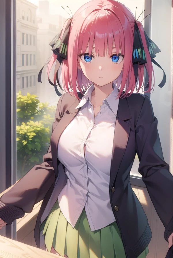 ninonakano, <lora:ninonakanotest:1>, nino nakano, short hair, bangs, blue eyes, hair ornament, hair ribbon, pink hair, blunt bangs, two side up, butterfly hair ornament, BREAK skirt, shirt, long sleeves, white shirt, pleated skirt, open clothes, collared shirt, sleeves past wrists, dress shirt, cardigan, green skirt, open cardigan, black cardigan,, BREAK indoors, classroom, school, BREAK looking at viewer, BREAK <lora:GoodHands-vanilla:1>, (masterpiece:1.2), best quality, high resolution, unity 8k wallpaper, (illustration:0.8), (beautiful detailed eyes:1.6), extremely detailed face, perfect lighting, extremely detailed CG, (perfect hands, perfect anatomy),