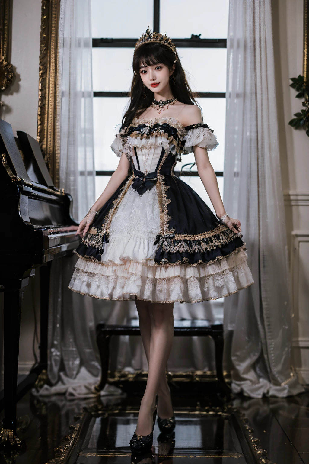 realistic, photorealistic, masterpiece, absurdres, incredibly absurdres, extremely detailed, best quality, lodress, high heels, full body, 1girl, solo, long black hair, bangs, looking at viewer, detailed background, standing, indoors, luxury decorations, window, piano,dramatic lighting,  arms behind back, <lora:lo_dress_vol2_style1_v1:0.7> , <lora:chinaDollLikeness_v10:0.3>