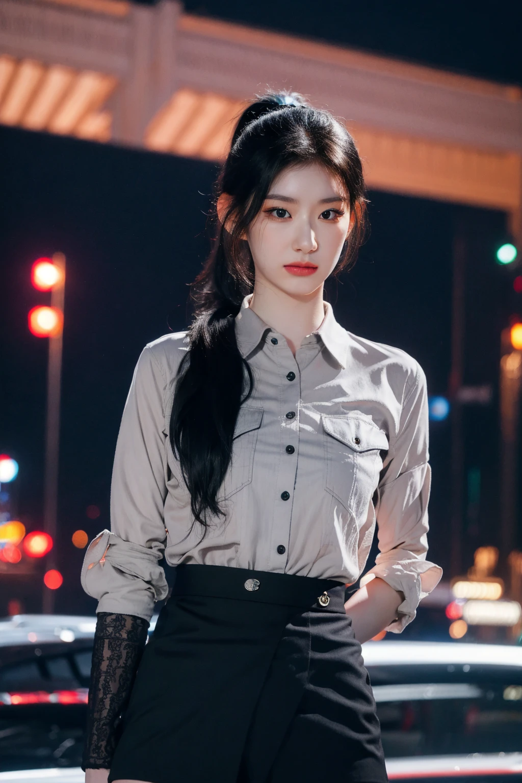nikon RAW photo,8 k,Fujifilm XT3,close up photo, masterpiece, best quality, 1girl,solo,realistic, photorealistic, (extremely detailed face), ultra-detailed eyes and pupils, ponytail, ultra detailed, serious expression, slender figure, standing against a city skyline at night, business suits,shirts,Suit skirt, <lora:chaeryeonglorashy:1>