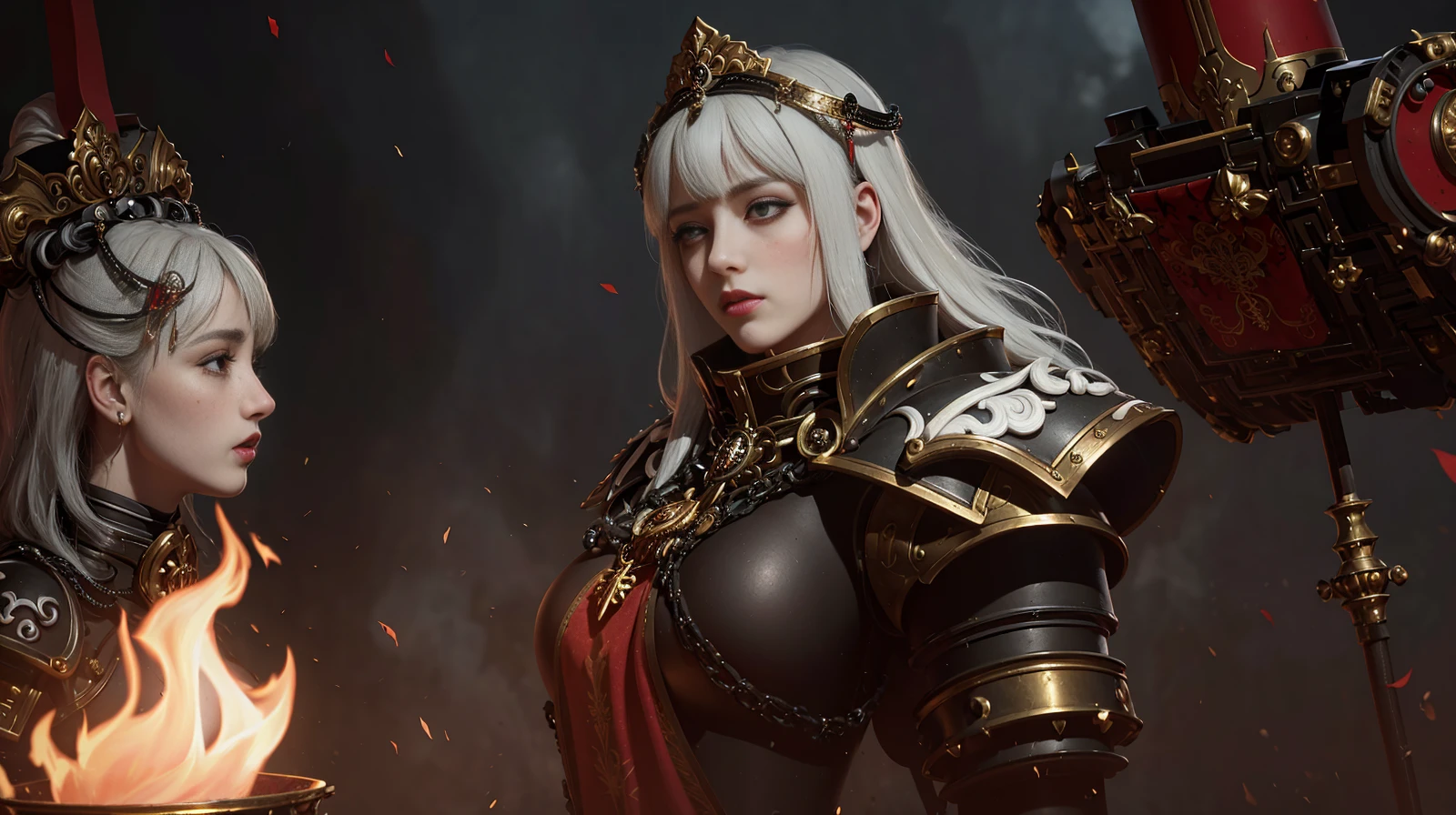 Capture a mesmerizing scene where a mysterious <lora:WH40KSisters_V2rank8:1.2> adepta sororitas battle priestess, (((white and black two tone hair))) draped in dark red and black velvet robes and red, black and gold trimmed power armor, ((ancient tattered scrolls hanging from armor)) flowing behind her, blessed by the divine power of god. Employ (oil painting) techniques to infuse an ethereal quality into the portrait, reminiscent of the works of Remedios Varo. Ornate golden jewelry, Employ a chiaroscuro lighting style to accentuate the sorceress's intense focus as she completes a potent ritual surrounded by clouds of burning incense. In the background, behold a vast expanse of velvety black roses, their petals stained with a vivid red, while a massive gothic city crumbles and burns, a testament to the ravages of war. ((angry expression)) evoking the haunting beauty of Tim Burton's Gothic landscapes. (best quality, masterpiece:1.2), photorealistic, ((ultra res)), front lighting, intricate detail, exquisite details and textures, 4k res,film grains, (RAW photo, best quality), (realistic, photo-realistic:1.2), (Masterpiece), 8k, best quality, ultra-detailed, low lighting, cinematic lighting, cinematic bloom,(Cannon EOS 5D MARK III, 50mm Sigma f/1.4 ZEISS lens, F1.4, 1/800s, ISO 100) shot to intimately capture the priestess's face,