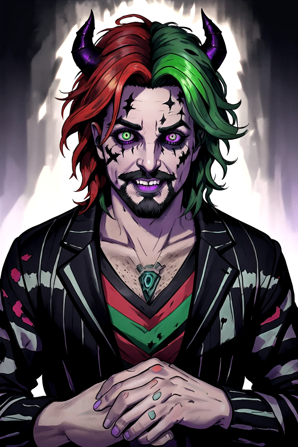 Beetlejuice, official art,, 1boy, male focus, solo, (masculine, facial hair , mustache, stubble, beard), (poltergeist, fantasy scene, demon), (demonic, semi realistic, demonic, shiny skin, textured skin),holographic eyes, heterochromia, purple eyes, striped jacket,striped shirt, two tone hair, streaked hair, multicolored hair, red hair, green hair, wild hair, evil scene,teeth, side lighting, ray tracing, depth of field, solo, extreme light and shadow, masterpiece, post apocalyptic, sexy, beautiful , scary, rich in detail,(detailed eyes), (handsome) detailed, (dirt splotches), (horror theme), (beetlejuice), detailed eyes,(straight-on),(masterpiece), (best quality), (ultra-detailed), (best illustration),(best shadow),rim lighting, beetlejuice, ((Beetlejuice)), crazy grin, crazy expression,