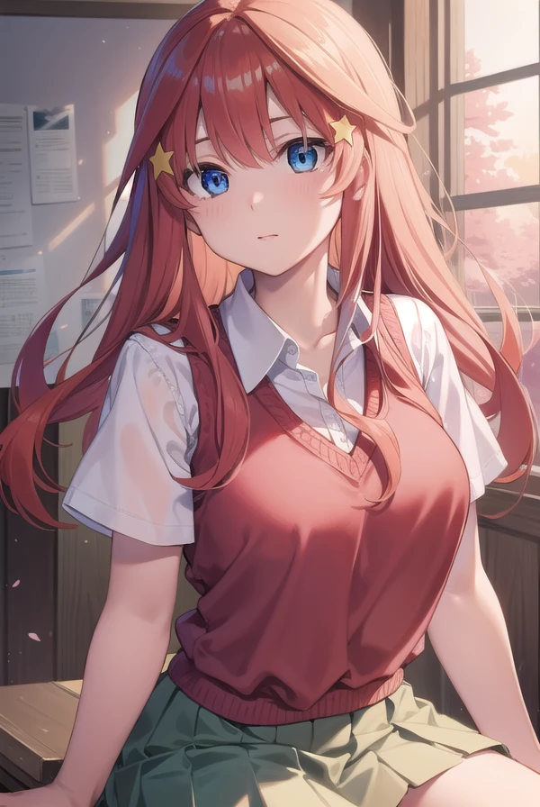 itsukinakano, <lora:itsukinakanotest:1>, itsuki nakano, bangs, blue eyes, hair between eyes, ahoge, red hair, star \(symbol\), hair ornament, star hair ornament,
BREAK skirt, shirt, school uniform, collarbone, white shirt, short sleeves, pleated skirt, socks, collared shirt, miniskirt, kneehighs, white socks, green skirt, sweater vest, red sweater vest,
BREAK indoors, school, classroom,
BREAK looking at viewer, BREAK <lora:GoodHands-vanilla:1>, (masterpiece:1.2), best quality, high resolution, unity 8k wallpaper, (illustration:0.8), (beautiful detailed eyes:1.6), extremely detailed face, perfect lighting, extremely detailed CG, (perfect hands, perfect anatomy),