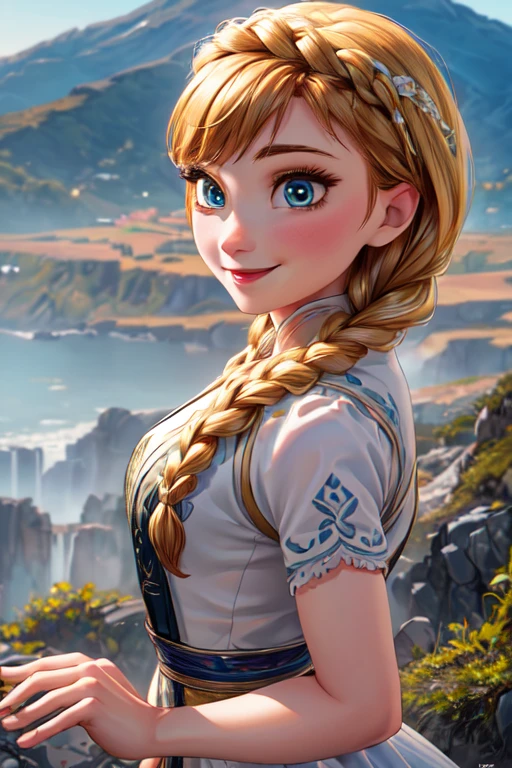 (masterpiece:1.2), (best quality), (ultra detailed), (8k, 4k, intricate),(full-body-shot:1), (highly detailed:1.2),(detailed face:1.2), (detailed background),detailed landscape,(dynamic pose:1.2), <lora:more_details:0.5> <lora:anna:0.7>anna, 1girl, solo, smile, blue eyes, blonde hair, dress, braid, twin braids, arms behind back, hair over shoulder