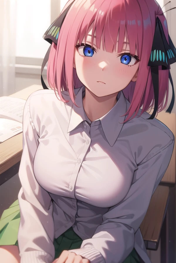 ninonakano, <lora:ninonakanotest:1>, nino nakano, short hair, bangs, blue eyes, hair ornament, hair ribbon, pink hair, blunt bangs, two side up, butterfly hair ornament, BREAK skirt, shirt, long sleeves, white shirt, pleated skirt, open clothes, collared shirt, sleeves past wrists, dress shirt, cardigan, green skirt, open cardigan, black cardigan,, BREAK indoors, classroom, school, BREAK looking at viewer, BREAK <lora:GoodHands-vanilla:1>, (masterpiece:1.2), best quality, high resolution, unity 8k wallpaper, (illustration:0.8), (beautiful detailed eyes:1.6), extremely detailed face, perfect lighting, extremely detailed CG, (perfect hands, perfect anatomy),