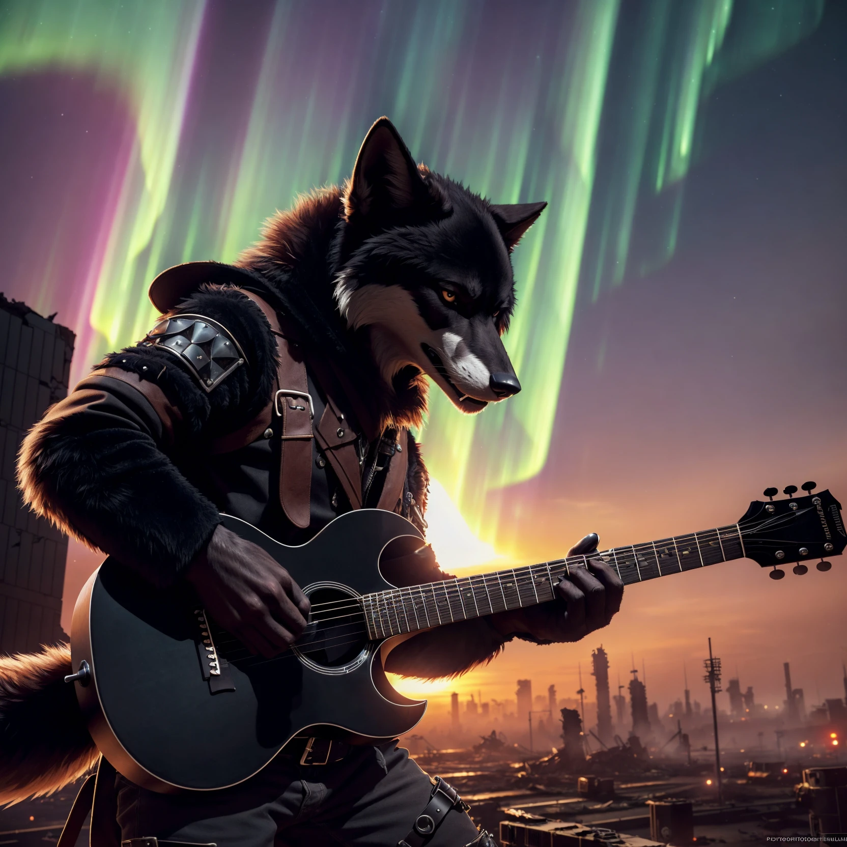(Highest Quality, 4k, masterpiece:1.1), (realism, photorealistic:1.4), ray traced, hyper realism, soft lighting, detailed background, film grain, (detailed fur texture:1.3),
BREAK
((black metal)) anthro black wolf plays his guitar on the last day on earth ,(wearing black metal outfit),(( post-apocalyptic destroyed dieselpunk city background)) , fangs , angry, paws,(new dawn), (aurora borealis) , closeup