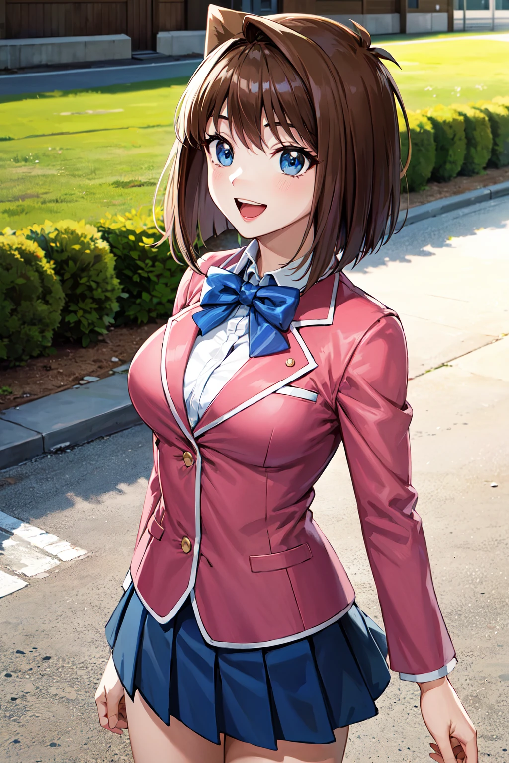 masterpiece, best quality, highres, aamazaki, (antenna hair:1.2), medium breasts, blue bowtie, pink jacket, blazer, long sleeves, blue skirt, pleated skirt, <lora:mazaki_anzu_v1:0.7>, outdoors, cowboy shot, standing, smile, open mouth,