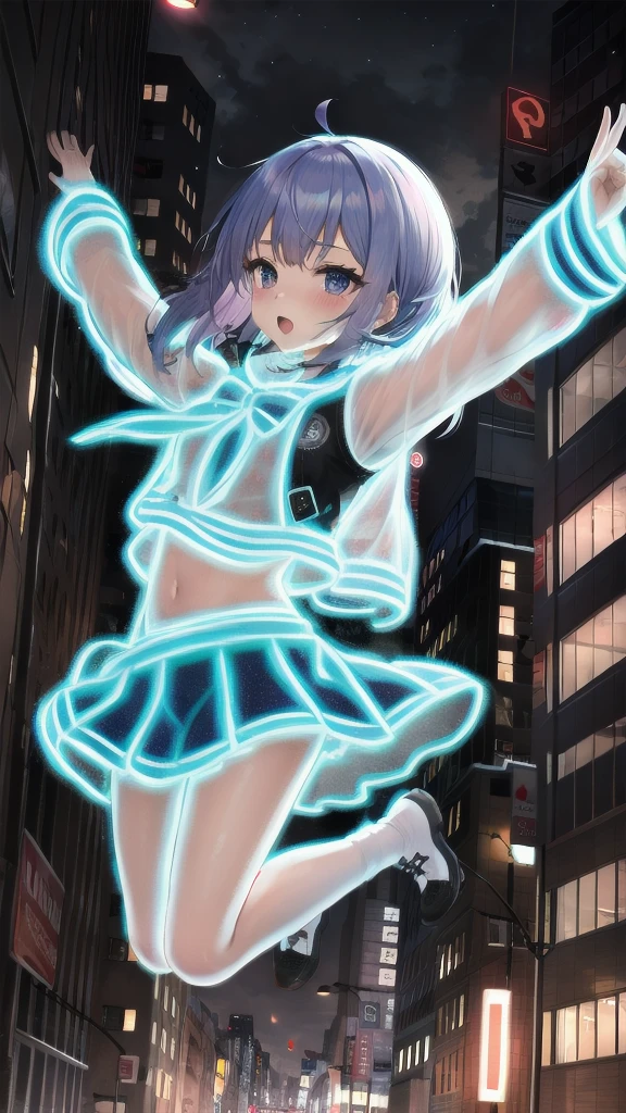 masterpiece, 
1girl, 
 <lora:nlc_blue:1.5>
 open arms, jumping, night,city,microskirt,