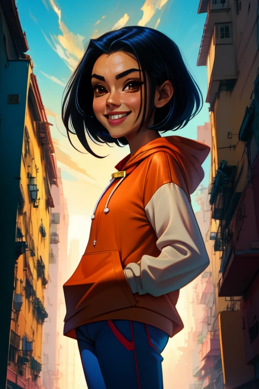 Jade, short black hair, brown eyes, hands in pockets, upper body, smiling,
JaOran, orange short sleeved hoodie, white long sleeves, hood down, sneakers , blue pants,
cartoon Hong Kong, morning, mature,
(insanely detailed, beautiful detailed face, masterpiece, best quality) cinematic lighting, anime,
<lora:Jade-10v2:0.8>