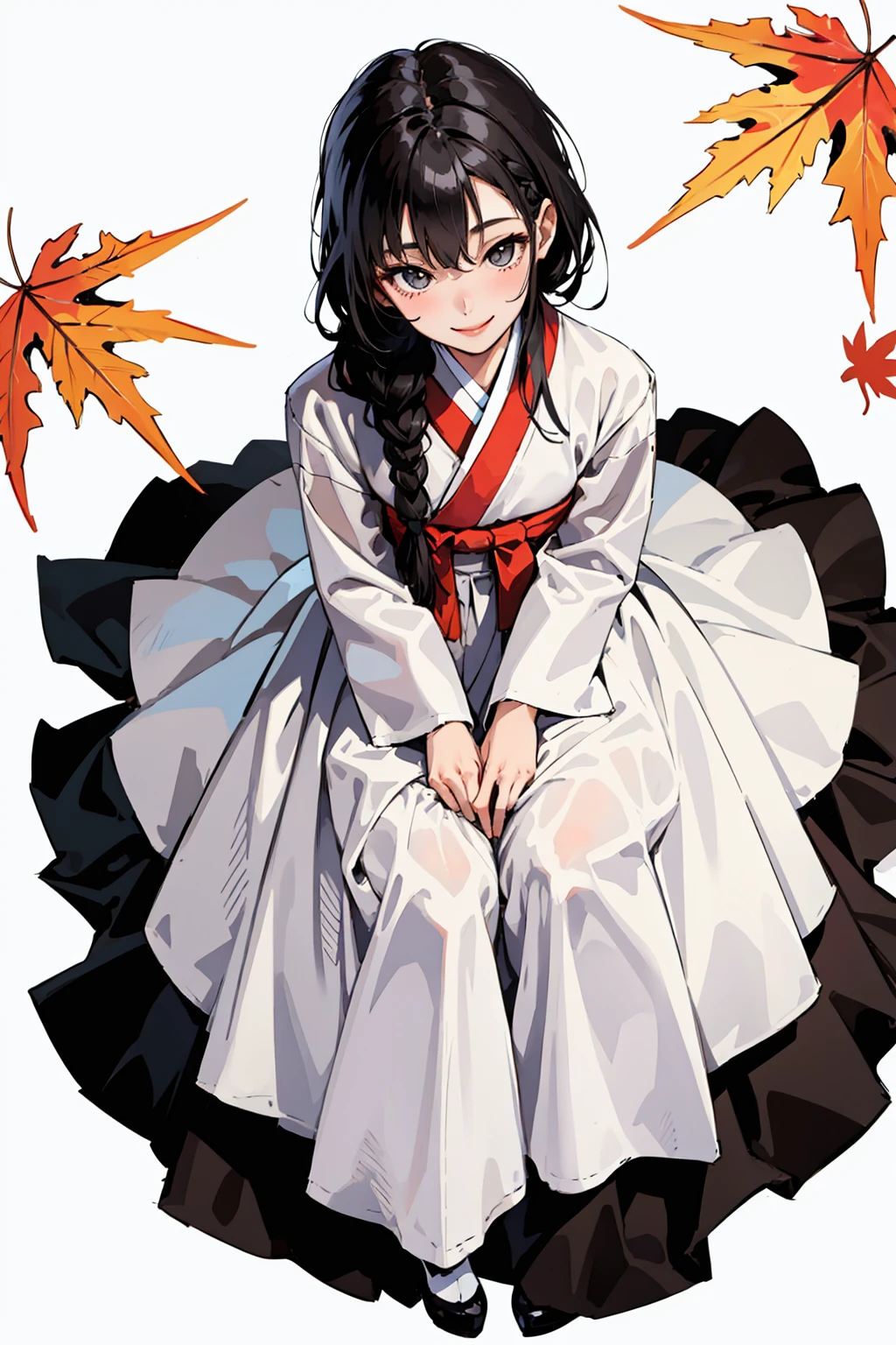 (masterpiece), 1girl, solo, smile, black hair, braid, white hanbok, korean_clothes, wide skirt, day, maple leaf, maple tree, fallen leaves <lora:Hanbok_LoRA_V2:0.4>, (diagonal viwe, Top View:1.3), standing, sit