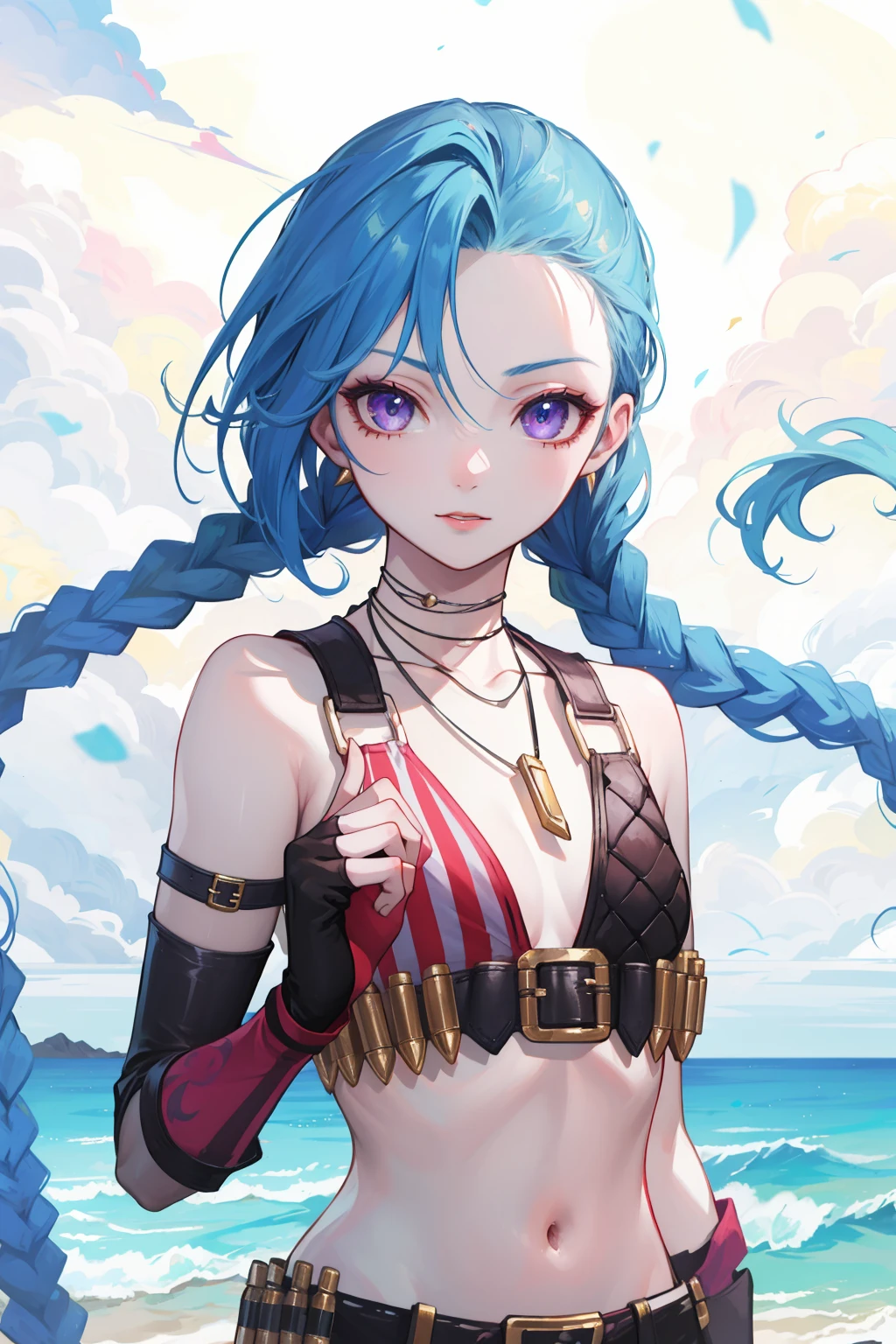(masterpiece, best quality:1.2), intricate details, <lora:jinx_default_lol-000021:1>, jinx \(league of legends\), 1girl, twin braids, single elbow glove, short shorts, bikini top only, necklace, belt, bullet, fingerless gloves, upper body, potrait, outdoors