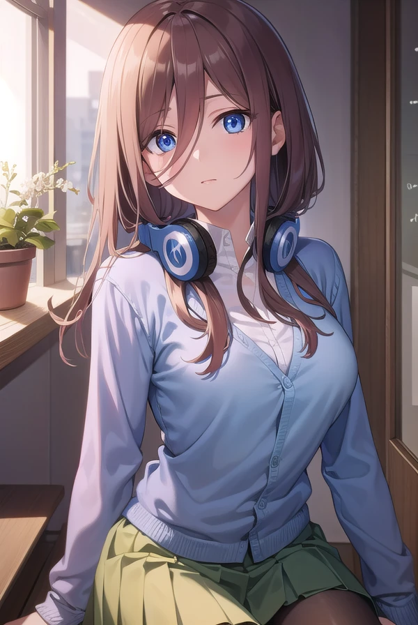 mikunakano, <lora:mikunakanotest:1>, miku nakano, long hair, bangs, blue eyes, brown hair, shirt, hair between eyes, headphones, cardigan, headphones around neck,
BREAK skirt, shirt, long sleeves, white shirt, pantyhose, pleated skirt, black pantyhose, cardigan, green skirt, blue cardigan,
BREAK indoors, classroom,
BREAK looking at viewer, BREAK <lora:GoodHands-vanilla:1>, (masterpiece:1.2), best quality, high resolution, unity 8k wallpaper, (illustration:0.8), (beautiful detailed eyes:1.6), extremely detailed face, perfect lighting, extremely detailed CG, (perfect hands, perfect anatomy),