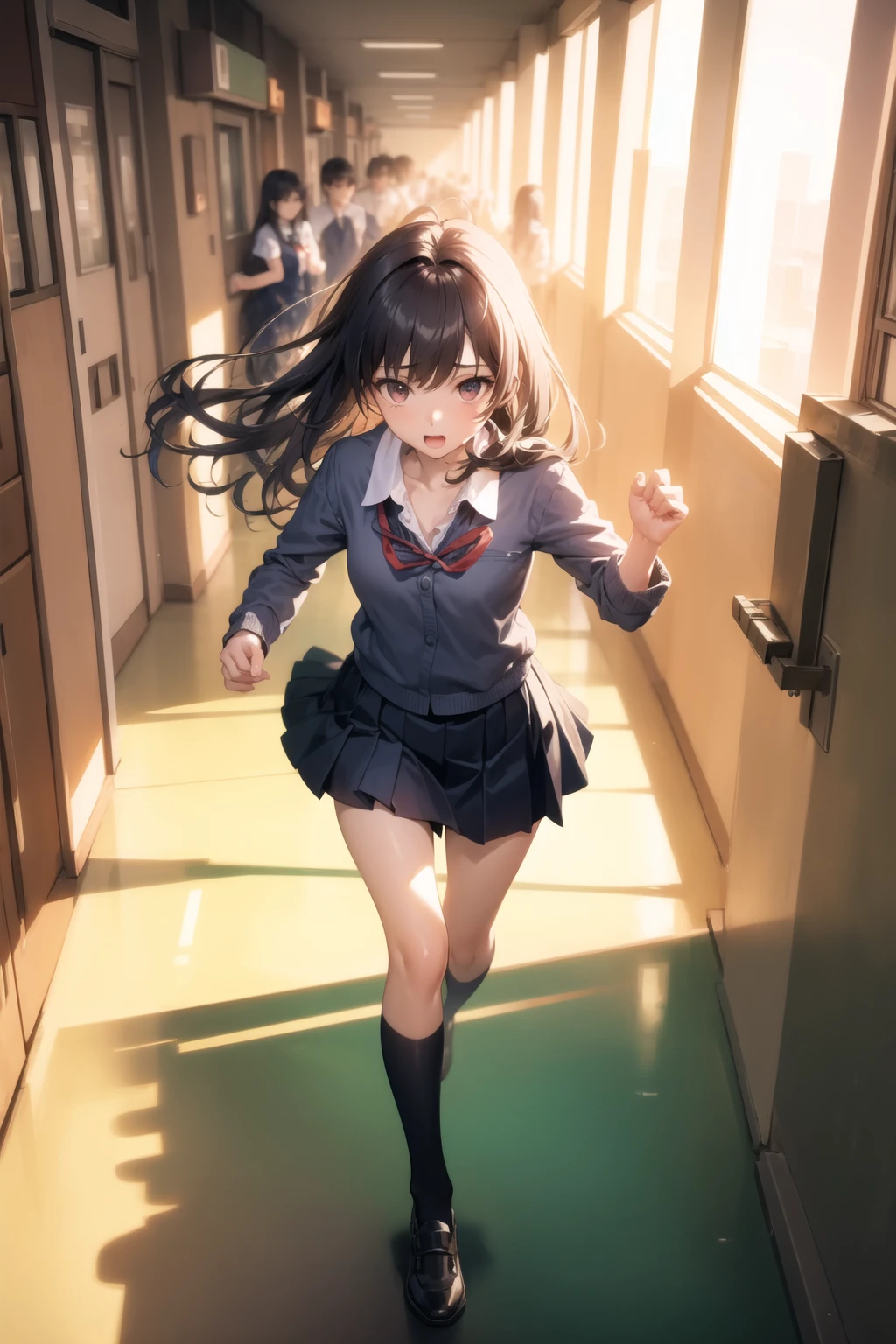 <lora:school_hallway_v0.1:1>
1girl, school hallway, school uniform, from above, running,, masterpiece, best quality, highly detailed