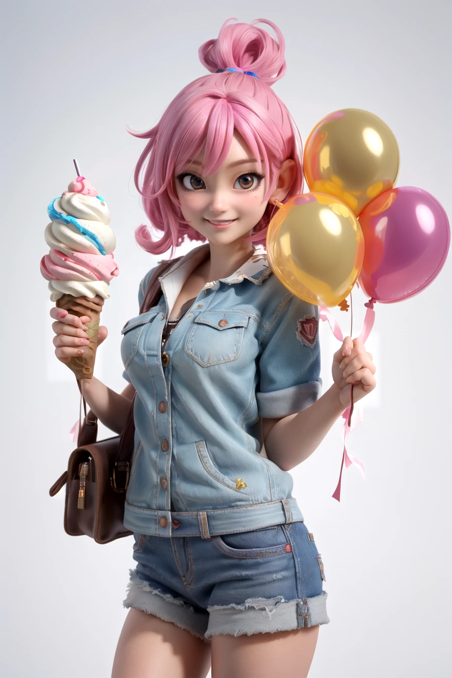 (masterpiece,best quality),HDR,high-definition,Intricate Details,vray render, octane render, 1girl, happy smile, holding ice cream, many colorful balloons background