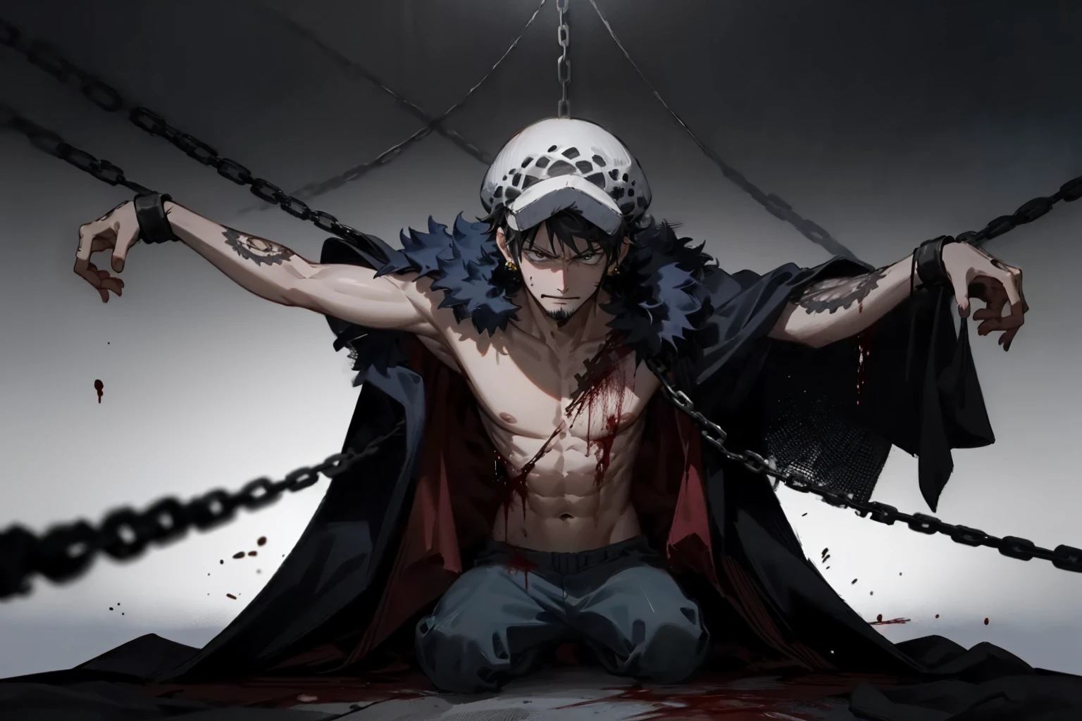 (masterpiece:1.3),(best quality:1.2),8k,absurdres,unity 8k wallpapper,(extremely detailed:1.3),highestres,solo,
chained_up, (solo:1.2), 1boy, male focus, kneeling, chain,dark,law,earrings,hat,blood from mouth,smirk,arms up,bdsm,open coat,abs,pectorales,torn clothes,black background,simple background, upper body, (topless:1.3), tank top, see-through, outstretched arms, solo,
<lora:lowRA:0.4> ,<lora:chained_up-10:1> , <lora:trafalgar_lawV55-10:0.8>