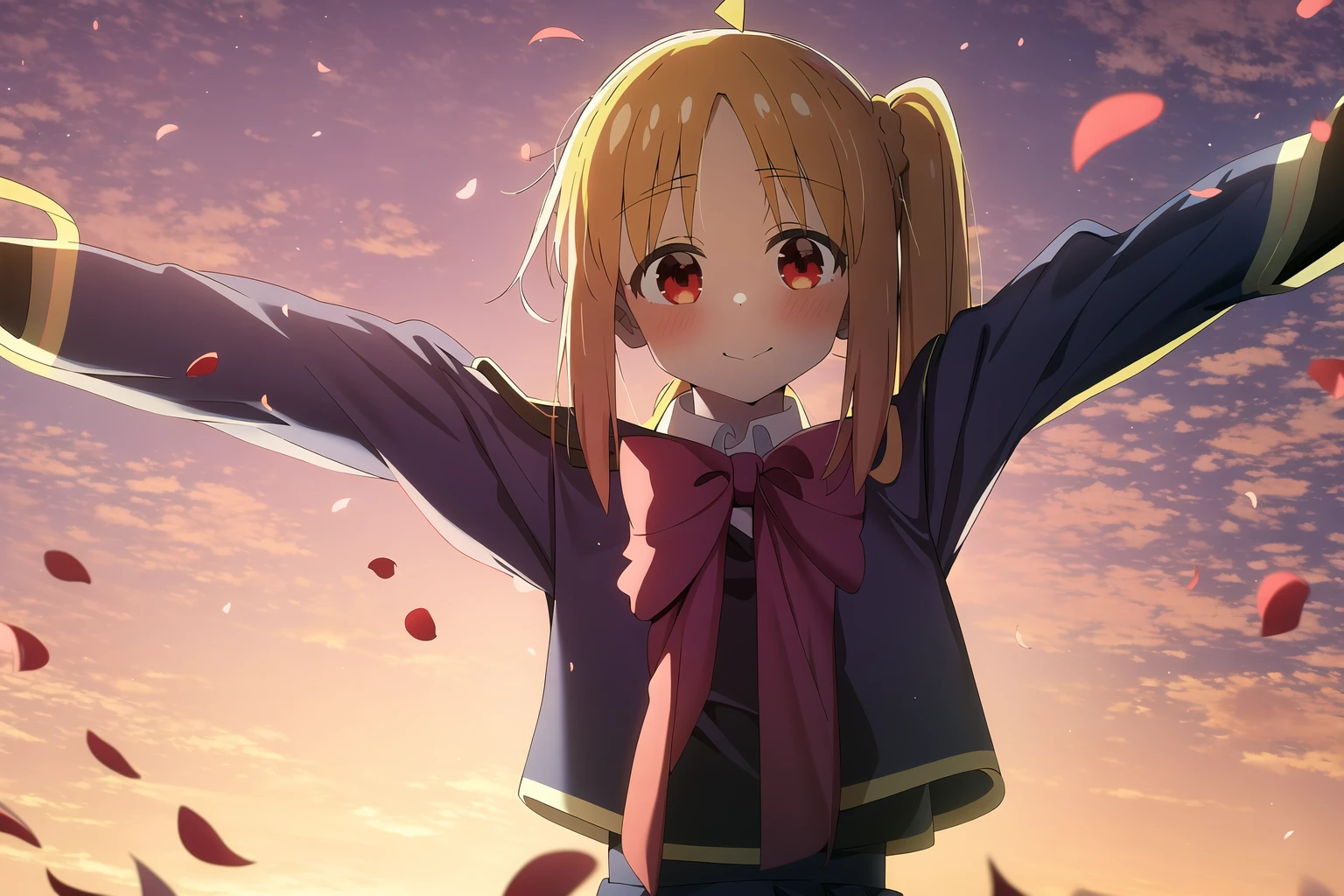 highres, 1girl, ijichi nijika, (youtou uniform:1.3), upper body, sunset, falling petals