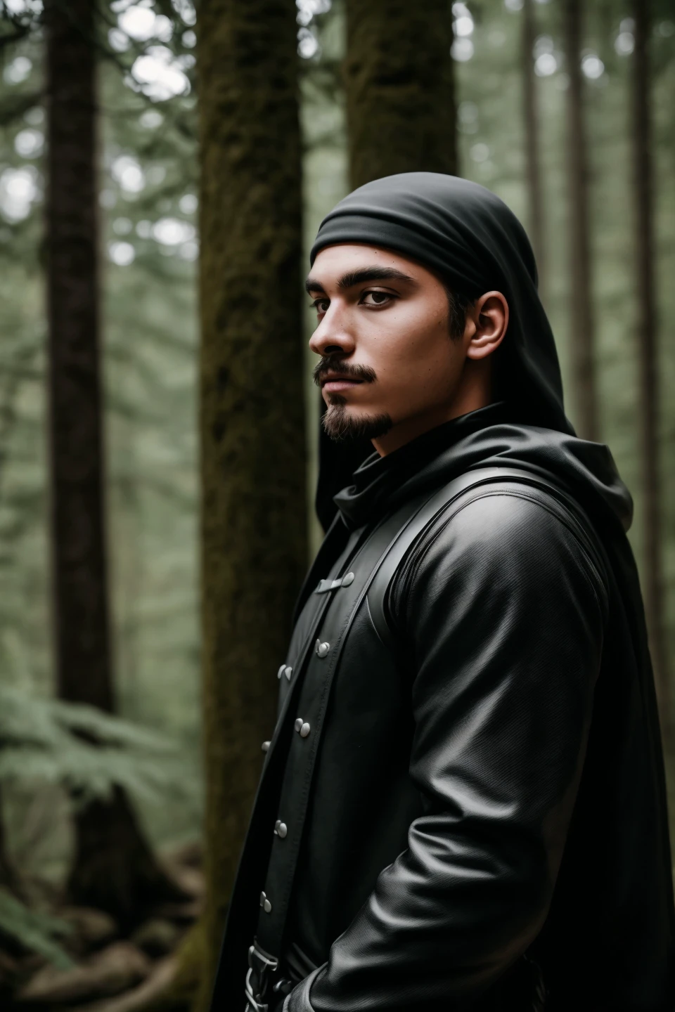 RAW photo, a portrait photo of black metal man, traveler clothes, standing in the forest, natural skin, 8k uhd, high quality, film grain, Fujifilm XT3