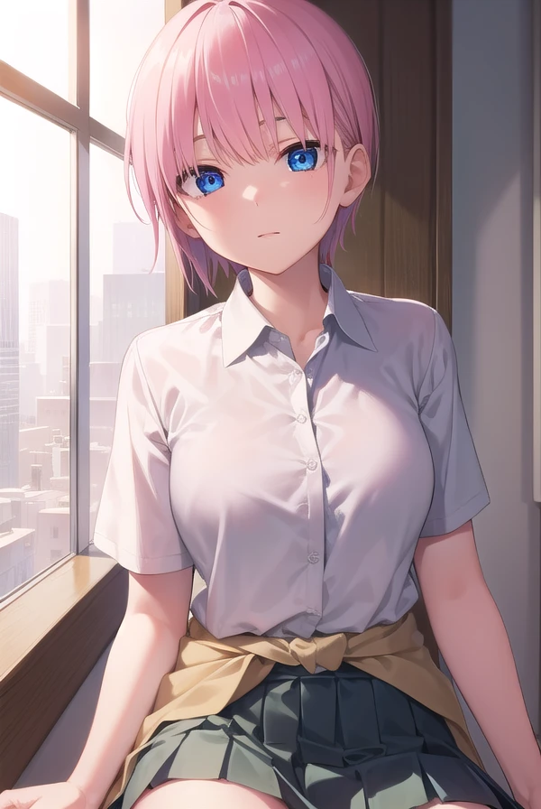 ichikanakano, <lora:ichikanakanotest:1>, ichika nakano, short hair, bangs, blue eyes, hair between eyes, pink hair,
BREAK skirt, shirt, school uniform, white shirt, short sleeves, pleated skirt, shoes, socks, collared shirt, black footwear, sweater, white socks, green skirt, loafers, clothes around waist,
BREAK indoors, classroom,
BREAK looking at viewer, BREAK <lora:GoodHands-vanilla:1>, (masterpiece:1.2), best quality, high resolution, unity 8k wallpaper, (illustration:0.8), (beautiful detailed eyes:1.6), extremely detailed face, perfect lighting, extremely detailed CG, (perfect hands, perfect anatomy),