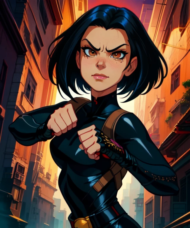 Jade, short black hair, brown eyes, fighting stance, smug expression, upper body, closed fists, solo,
JaBSuit, black fingerless gloves, (black bodysuit), black belt, straps,
cartoon Hong Kong, mature, nighttime,
(insanely detailed, beautiful detailed face, masterpiece, best quality) cinematic lighting, anime,
<lora:Jade-10v2:0.8>