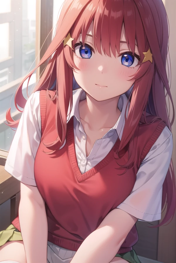 itsukinakano, <lora:itsukinakanotest:1>, itsuki nakano, bangs, blue eyes, hair between eyes, ahoge, red hair, star \(symbol\), hair ornament, star hair ornament,
BREAK skirt, shirt, school uniform, collarbone, white shirt, short sleeves, pleated skirt, socks, collared shirt, miniskirt, kneehighs, white socks, green skirt, sweater vest, red sweater vest,
BREAK indoors, school, classroom,
BREAK looking at viewer, BREAK <lora:GoodHands-vanilla:1>, (masterpiece:1.2), best quality, high resolution, unity 8k wallpaper, (illustration:0.8), (beautiful detailed eyes:1.6), extremely detailed face, perfect lighting, extremely detailed CG, (perfect hands, perfect anatomy),
