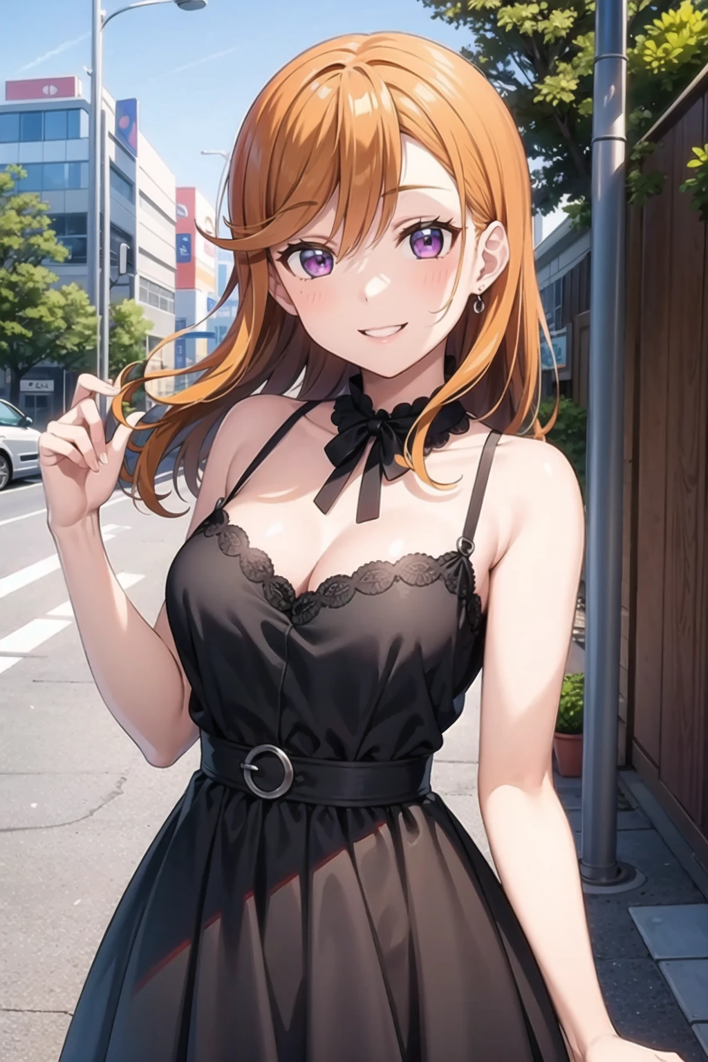 (masterpiece, best quality, ultra-detailed), (illustration), (beautiful detailed eyes), 1girl, solo, shibuya kanon, orange hair,  <lora:KanonLL_v1:0.45>, 
dress, outdoors, smile, looking at viewer,