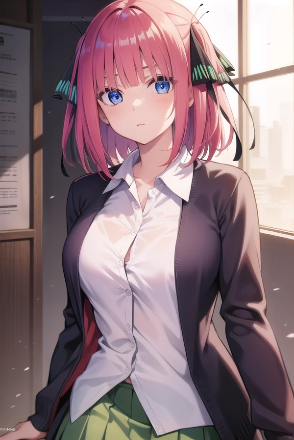 ninonakano, <lora:ninonakanotest:1>, nino nakano, short hair, bangs, blue eyes, hair ornament, hair ribbon, pink hair, blunt bangs, two side up, butterfly hair ornament, BREAK skirt, shirt, long sleeves, white shirt, pleated skirt, open clothes, collared shirt, sleeves past wrists, dress shirt, cardigan, green skirt, open cardigan, black cardigan,, BREAK indoors, classroom, school, BREAK looking at viewer, BREAK <lora:GoodHands-vanilla:1>, (masterpiece:1.2), best quality, high resolution, unity 8k wallpaper, (illustration:0.8), (beautiful detailed eyes:1.6), extremely detailed face, perfect lighting, extremely detailed CG, (perfect hands, perfect anatomy),