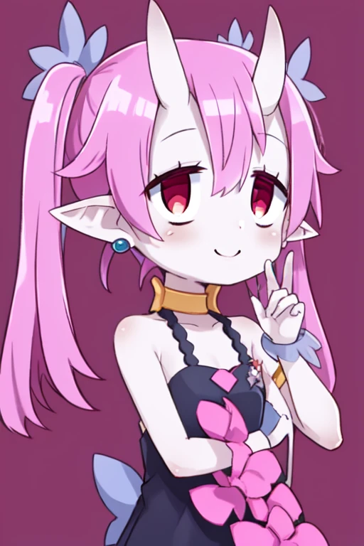 bieko,pink hair, oni horns,pointy ears ,colored skin ,red eyes ,twintails, upper body,
BieDress, purple sleeveless dress with flowers, jewelry,bare shoulders,
hair ornament, wrist cuffs, sandals,
standing,smiling,
outer space, dtars,
(insanely detailed, beautiful detailed face, masterpiece, best quality) <lora:bieko:0.7>,