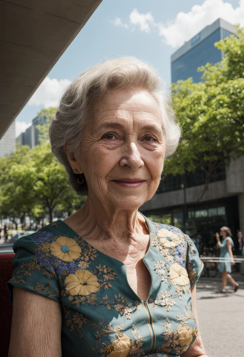 ((best quality)), ((masterpiece)), ((ultra realistic)), 1girl, (smooth detailed utopian futuristic city on a summers day:1.3), (close up body portrait of a elderly lady, sitting on a summer seat, beside a dear, floral embroidered dress:1.5), beautiful portfolio photograph, jubilant old grandmother feeding the ducks in a verdant city street, (pedestrians in the background:1.4), pristine artistic skyscrapers, (beautiful plant life mixed with scifi architecture, flowers, wild life, dears), vast utopian vision, depth of field, professional, 8k, uhd, soft edge lighting, film grain, smooth, roughness, real life, vibrant colors, god rays, photographed on a Canon EOS R5, 50mm lens, F/2.8, HDR, professional