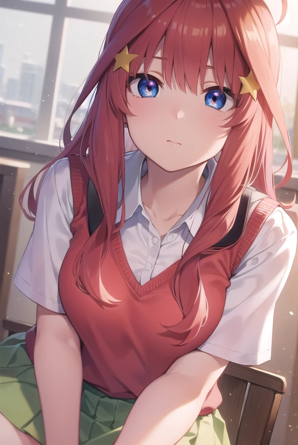 itsukinakano, <lora:itsukinakanotest:1>, itsuki nakano, bangs, blue eyes, hair between eyes, ahoge, red hair, star \(symbol\), hair ornament, star hair ornament,
BREAK skirt, shirt, school uniform, collarbone, white shirt, short sleeves, pleated skirt, socks, collared shirt, miniskirt, kneehighs, white socks, green skirt, sweater vest, red sweater vest,
BREAK indoors, school, classroom,
BREAK looking at viewer, BREAK <lora:GoodHands-vanilla:1>, (masterpiece:1.2), best quality, high resolution, unity 8k wallpaper, (illustration:0.8), (beautiful detailed eyes:1.6), extremely detailed face, perfect lighting, extremely detailed CG, (perfect hands, perfect anatomy),
