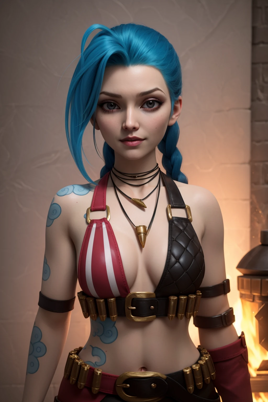 (masterpiece, best quality:1.2), intricate details,  <lora:jinx_default_lol-000021:1>, jinx \(league of legends\), 1girl, twin braids, single elbow glove, short shorts, bikini top only, necklace, belt, bullet, fingerless gloves, upper body, potrait, <lora:A3D_Beta:1>