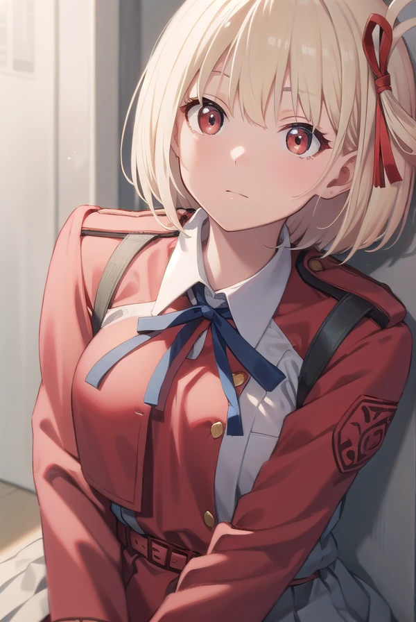 chisatonishikigi, <lora:chisatonishikigitest:1>, nishikigi chisato, short hair, bangs, blonde hair, (red eyes:1.5), hair ribbon, one side up, bob cut,
BREAK shirt, long sleeves, dress, ribbon, white shirt, collared shirt, belt, neck ribbon, red dress, blue ribbon, pleated dress, grey dress, two-tone dress, red belt, lycoris uniform,,
BREAK outdoors, city,
BREAK looking at viewer, BREAK <lora:GoodHands-vanilla:1>, (masterpiece:1.2), best quality, high resolution, unity 8k wallpaper, (illustration:0.8), (beautiful detailed eyes:1.6), extremely detailed face, perfect lighting, extremely detailed CG, (perfect hands, perfect anatomy),