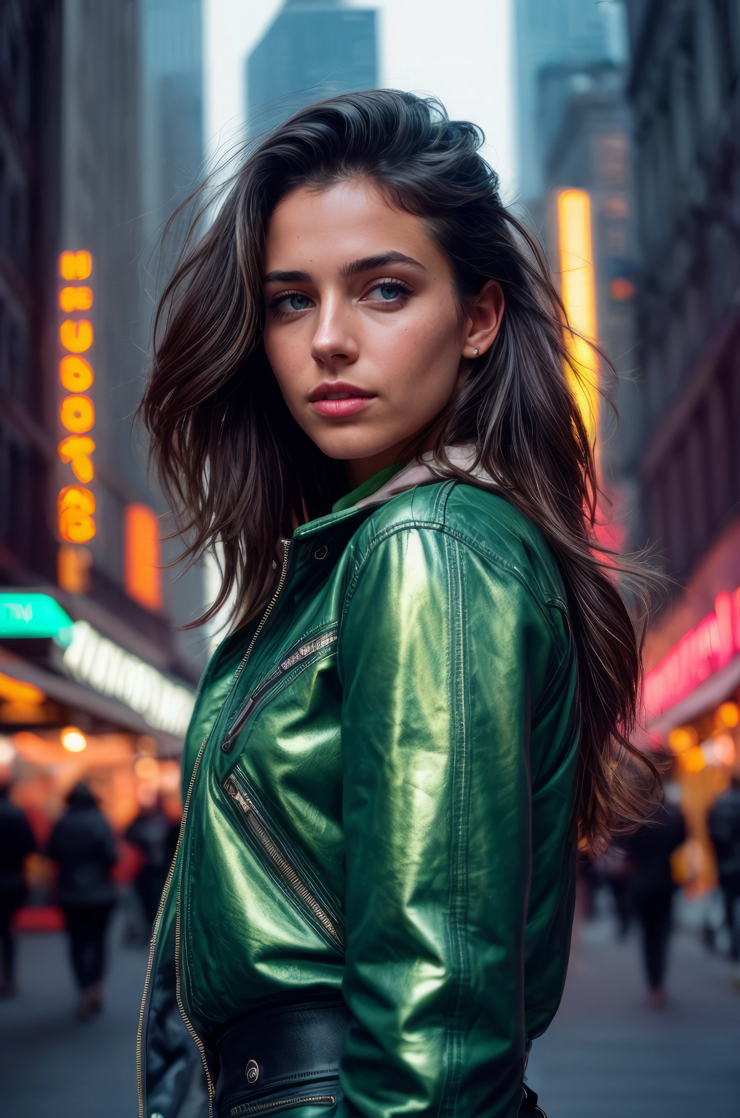 A tenacious girl lost in a bustling metropolis, weaving through crowded streets and dark alleyways, close up, Detailed clothes, green eyes, flowing hair, determined expression, shiny glossy skin, subsurface scattering, (sharp:0.7), [(colorful explosion psychedelic paint colors:1.21)::0.05], amazing fine detail, Nikon D850 film stock photograph Kodak Portra 400 camera f1.6 lens, rich colors, lifelike texture, dramatic lighting, urban environment, skyscrapers, neon signs, street vendors, dynamic composition, unreal engine, trending on ArtStation, cinestill 800 tungsten <lora:more_details:0.6>