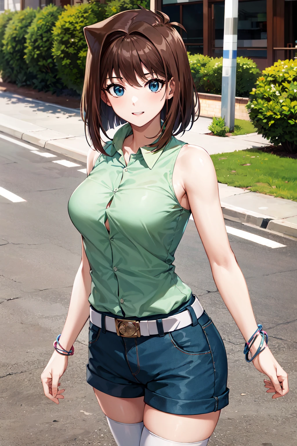 masterpiece, best quality, highres, aamazaki, (antenna hair:1.2), medium breasts, green shirt, sleeveless, bracelet, belt, blue shorts, white thighhighs, <lora:mazaki_anzu_v1:0.7>, cowboy shot, standing, outdoors,