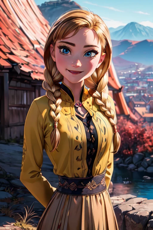 (masterpiece:1.2), (best quality), (ultra detailed), (8k, 4k, intricate),(full-body-shot:1), (highly detailed:1.2),(detailed face:1.2), (detailed background),detailed landscape,(dynamic pose:1.2), <lora:more_details:0.5> <lora:anna:0.7>anna, 1girl, solo, smile, blue eyes, blonde hair, dress, braid, twin braids, arms behind back, hair over shoulder