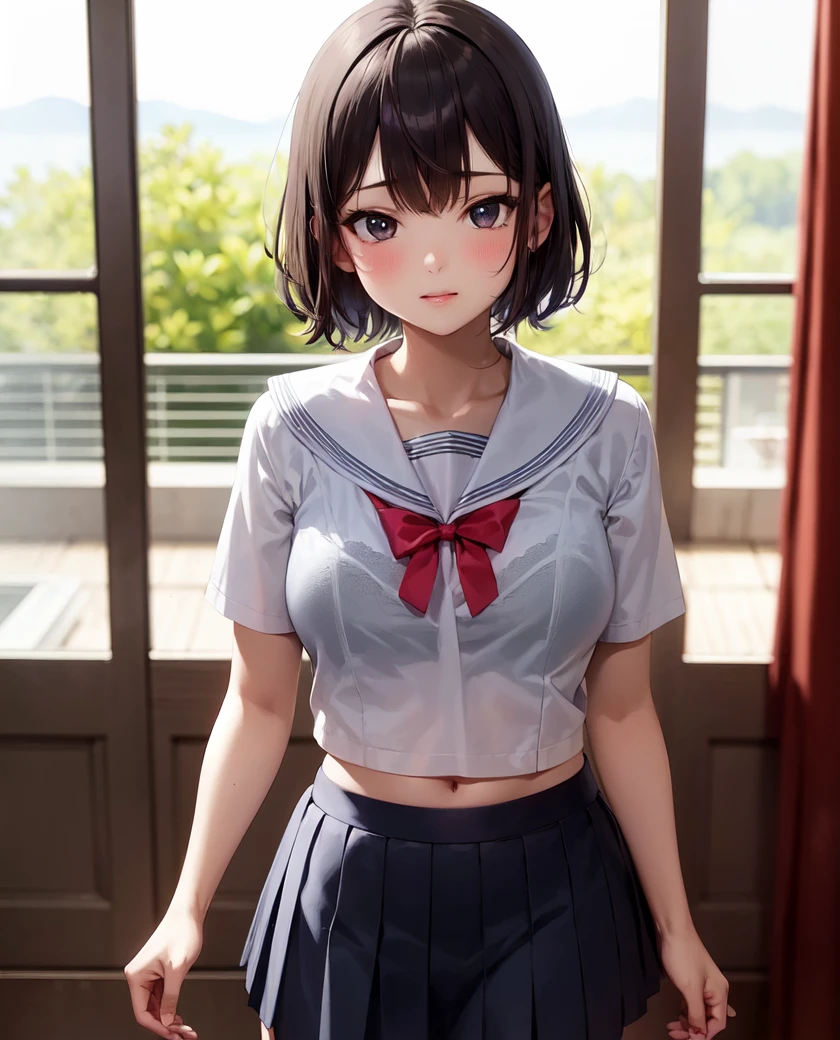 (bra visible through clothes:1.0), (bra:1.0), 1girl, solo, medium breasts, indoors, standing, sailor collar, serafuku, short sleeves, pleated skirt, upper body, see-through, , 
females hand,