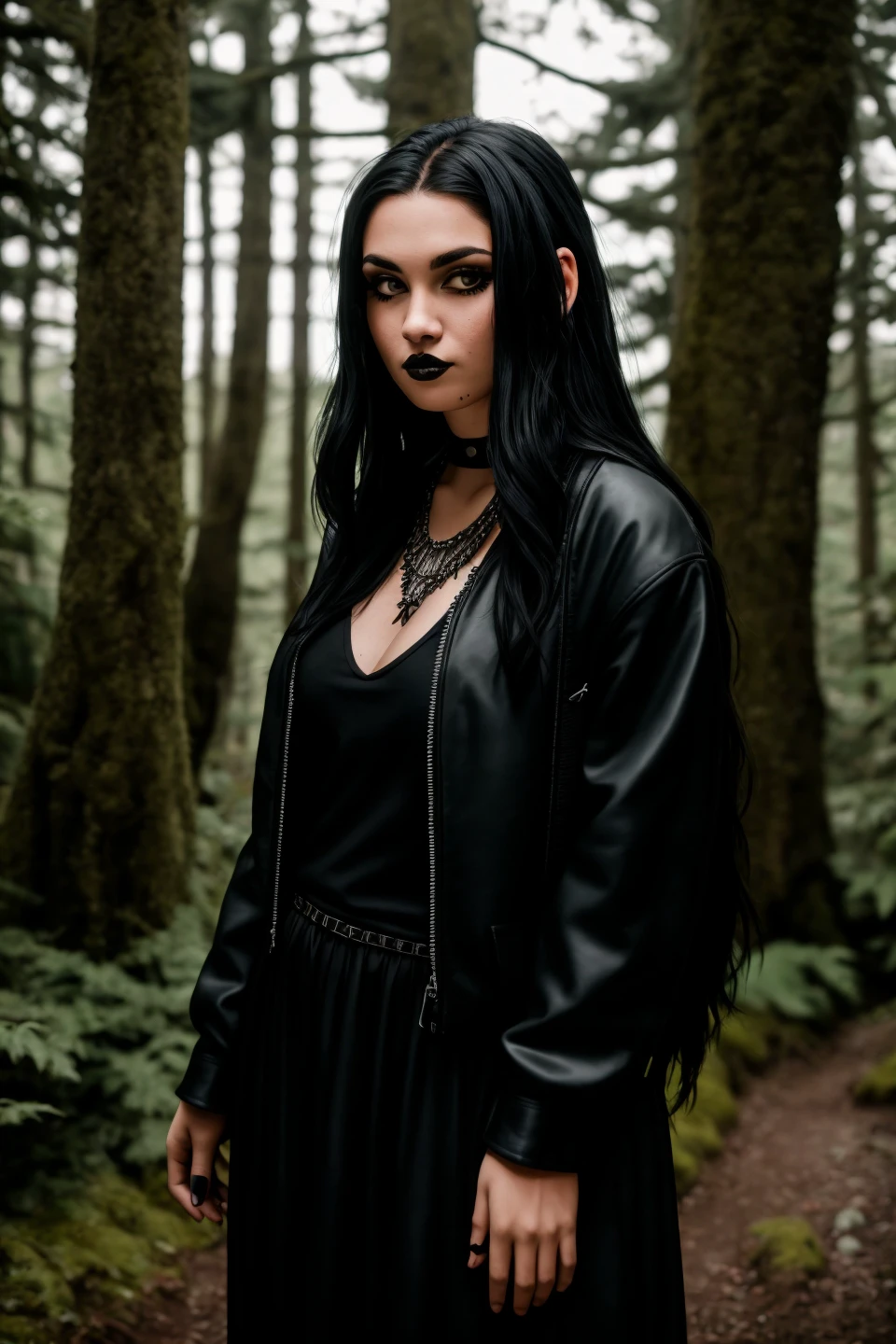 RAW photo, a portrait photo of goth woman, traveler clothes, standing in the forest, natural skin, 8k uhd, high quality, film grain, Fujifilm XT3