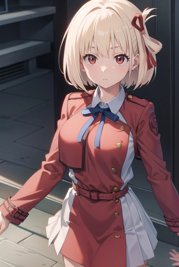 chisatonishikigi, <lora:chisatonishikigitest:1>, nishikigi chisato, short hair, bangs, blonde hair, (red eyes:1.5), hair ribbon, one side up, bob cut,
BREAK shirt, long sleeves, dress, ribbon, white shirt, collared shirt, belt, neck ribbon, red dress, blue ribbon, pleated dress, grey dress, two-tone dress, red belt, lycoris uniform,,
BREAK outdoors, city,
BREAK looking at viewer, BREAK <lora:GoodHands-vanilla:1>, (masterpiece:1.2), best quality, high resolution, unity 8k wallpaper, (illustration:0.8), (beautiful detailed eyes:1.6), extremely detailed face, perfect lighting, extremely detailed CG, (perfect hands, perfect anatomy),