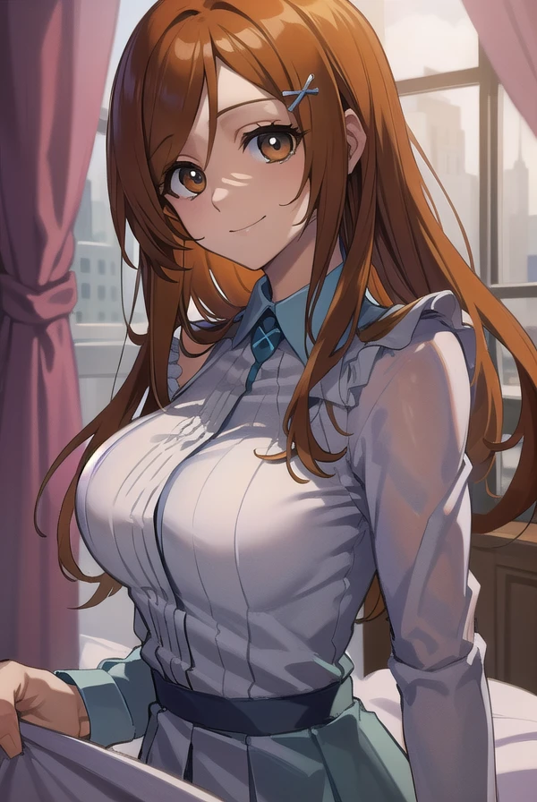 inoueorihime, <lora:inoueorihime-000051:1>, inoue orihime, orange, hair, long hair, (brown eyes:1.5), hairpin, smile, (medium breast:1.2), BREAK looking at viewer, BREAK school uniform BREAK indoors, bed, bedroom, BREAK <lora:GoodHands-vanilla:1>, (masterpiece:1.2), best quality, high resolution, unity 8k wallpaper, (illustration:0.8), (beautiful detailed eyes:1.6), extremely detailed face, perfect lighting, extremely detailed CG, (perfect hands, perfect anatomy),