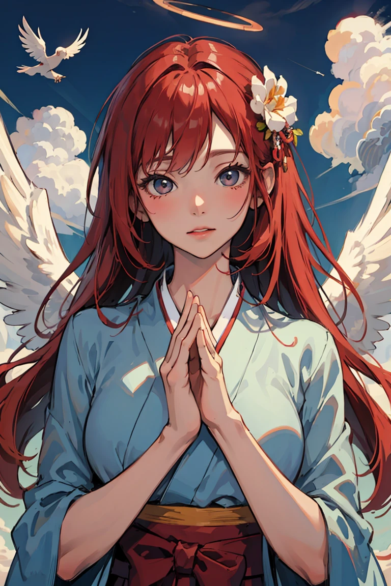 (masterpiece:1.2, best quality), 1lady, solo, Angelic messenger, Feathered wings, Celestial realm, Divine messages, Grace, Purity, Compassion, upper body, <lora:Hanbok_LoRA_V2:0.3>, sky, cloud, hanbok, red hair, halo