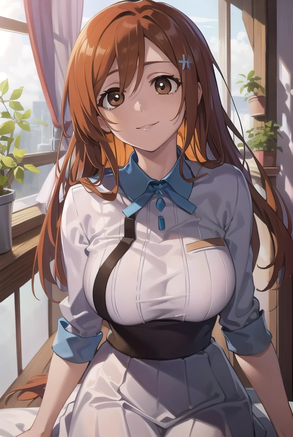inoueorihime, <lora:inoueorihime-000051:1>, inoue orihime, orange, hair, long hair, (brown eyes:1.5), hairpin, smile, (medium breast:1.2), BREAK looking at viewer, BREAK school uniform BREAK indoors, bed, bedroom, BREAK <lora:GoodHands-vanilla:1>, (masterpiece:1.2), best quality, high resolution, unity 8k wallpaper, (illustration:0.8), (beautiful detailed eyes:1.6), extremely detailed face, perfect lighting, extremely detailed CG, (perfect hands, perfect anatomy),