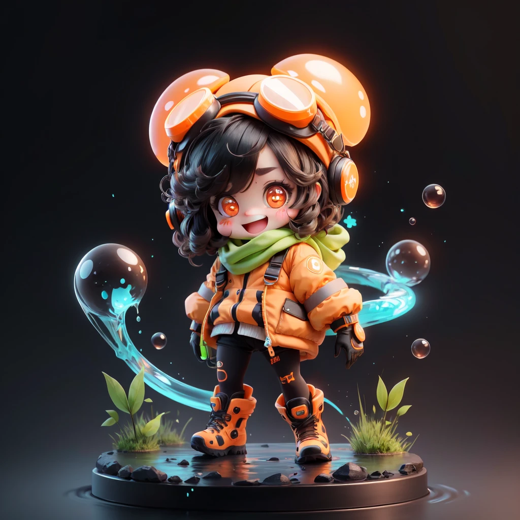 <lora:Designer_BlindBox:0.5>,chibi,cute,1girl, solo, looking_at_viewer, blush, smile, short_hair, open_mouth, bangs, red_eyes, gloves, hair_between_eyes, standing, full_body, boots, water, chibi, scarf, orange_eyes, symbol-shaped_pupils, :3, blush_stickers, thick_eyebrows, goggles, black_background, hose, orange_footwear, orange_gloves,simple background