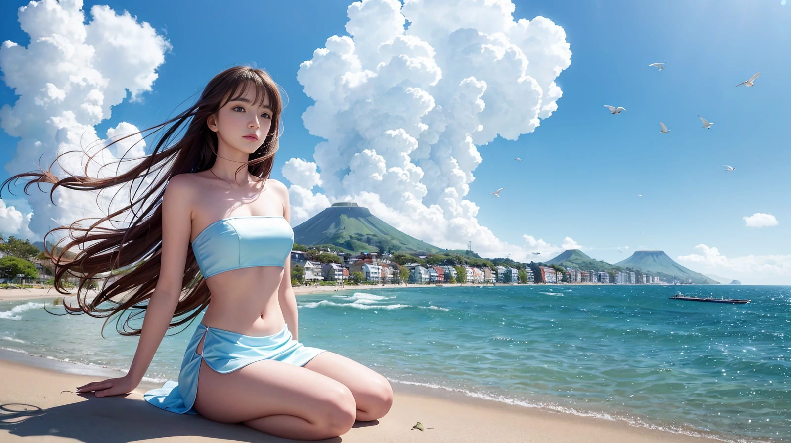 (masterpiece:1.1), hi-res, 4k, (birds eye view, wide angle shot, fish eye lens), extremely delicate and beautiful art, pastel color, anime, beautiful detailed eyes, 1 anime girl, a girl sitting on the ground at the beach, lean back with arms behind back, knees up, a futuristic flying object, wind, blue sky with clouds, bare midriff, long hair, the water's edge, dutch angle, ((windy day, hair and dress blowing in the wind)), seaside harbor town, large volcano island in background