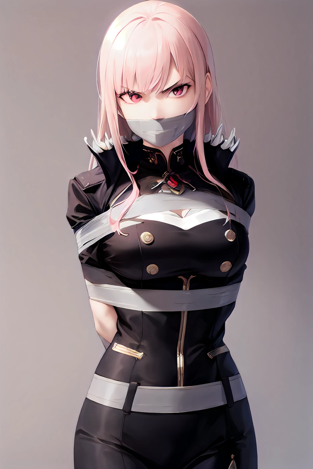 masterpiece, (best quality), RTX, perfect proportions, beautiful, detailed face, (perfect eyes:1.1) ,(photorealistic:1.1), 8k uhd, 1girl, perfect proportion, perfect eyes, bound, bondage, (arms behind back:1.4), angry, glaring, looking at viewer, bdsm, tape gag, tape, tape bondage, close-up, POV, callidef, upper body, <lora:calli1:0.8>
<lora:TapeGagV7:1>