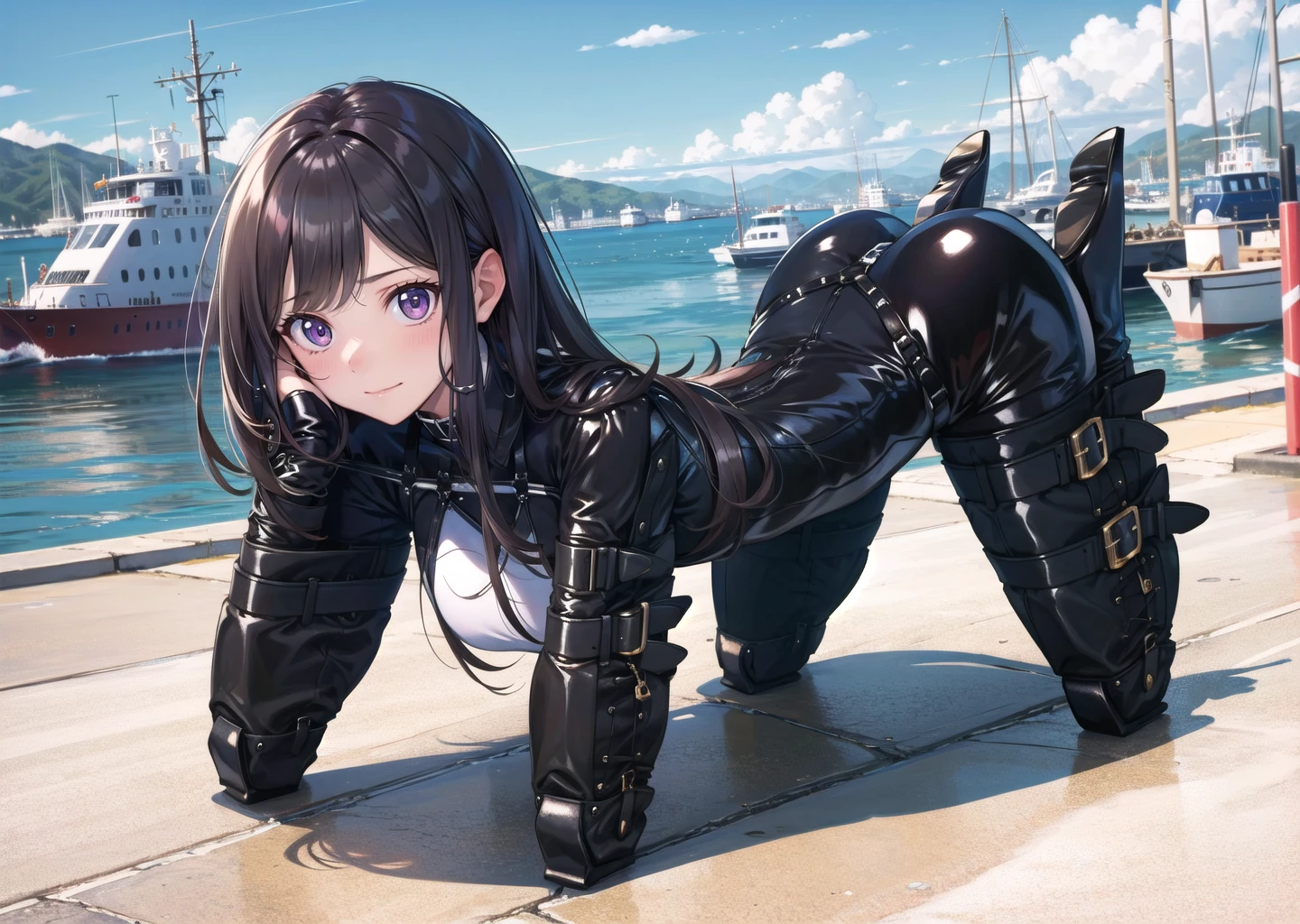 (1girl) (digital) (in detailed harbor, (bound bdsm bondage, on all fours, )) , best quality, <lora:boldline:0.2>  <lora:hairdetailer:0.2> humandog, <lora:humandog:1>