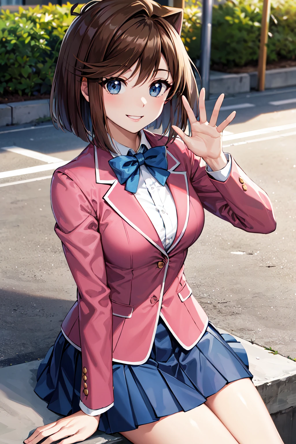 masterpiece, best quality, highres, aamazaki, (antenna hair:1.2), medium breasts, blue bowtie, pink jacket, blazer, long sleeves, blue skirt, pleated skirt, <lora:mazaki_anzu_v1:0.7>, outdoors, cowboy shot, sitting, smile, waving