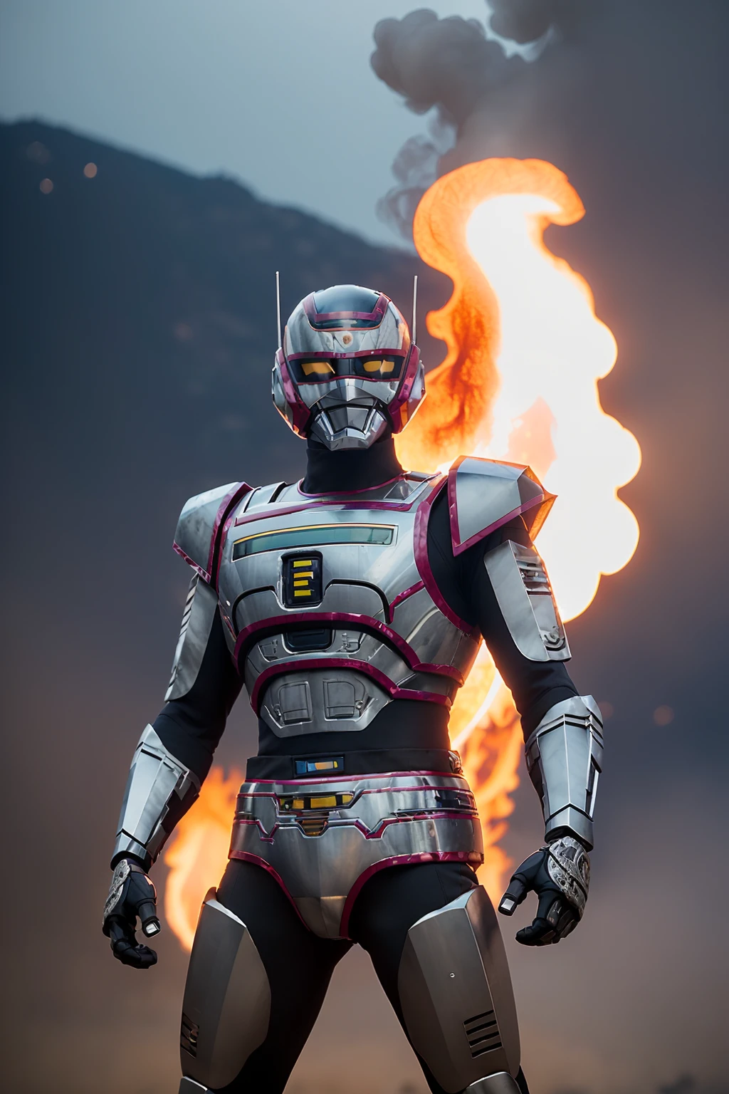 JaspionQuiron character, cinematic, (intricate:1.4), high quality, intricate details, low contrast, explosion, fire, electricity, lightning,
(best quality:1.33), (masterpiece:1.12),(detailed:1.15),Dappled Light, analog style, cinematic light, side lighting, best shadow, RAW, (Dutch angle:1.1), photoshoot of
1boy, helmet, tokusatsu, armor, solo, glowing,
<lora:quiron_Jaspion_v1_Lora:0.77>