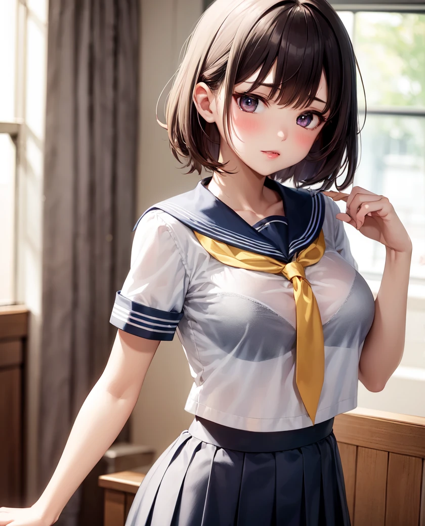 (bra visible through clothes:1.0), (bra:1.0), 1girl, solo, medium breasts, indoors, standing, sailor collar, serafuku, short sleeves, pleated skirt, upper body, see-through, , 
females hand,